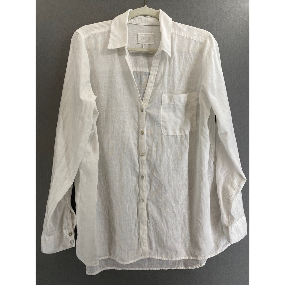 Sigrid Olsen Womens White 100% Linen Roll Tab Button Down Shirt Large Classic